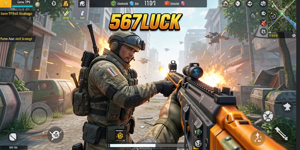 Screenshot 567LUCK menampilkan aksi tembak-menembak yang intens.