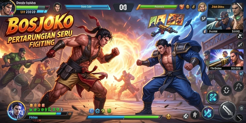 Gameplay BOSJOKO menampilkan pertarungan yang intens dan strategi bertarung yang mendebarkan.