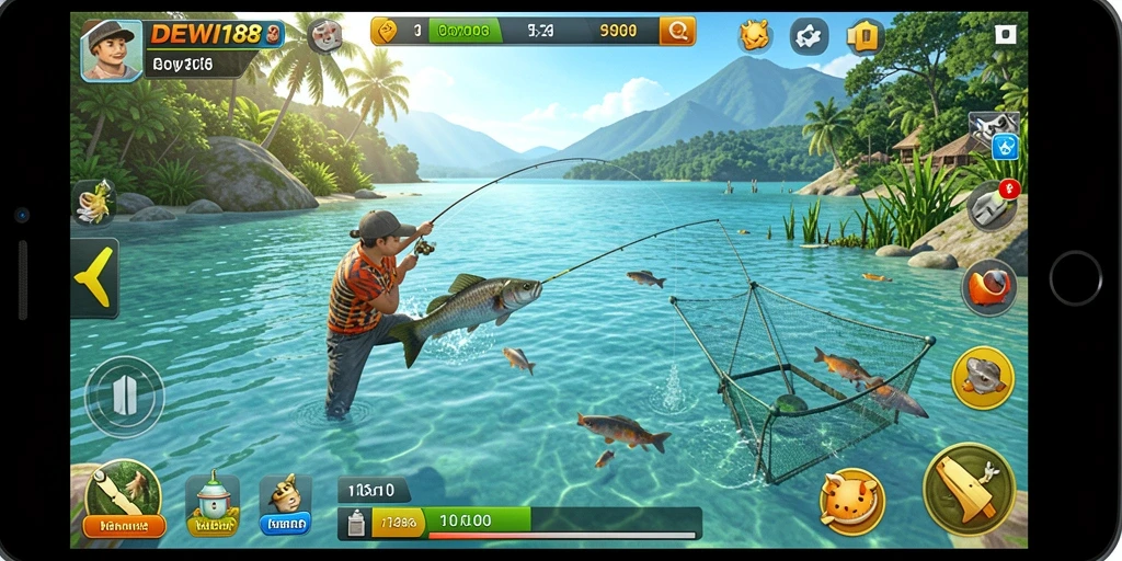 Tampilan gameplay DEWI188 dengan berbagai jenis ikan dan pemandangan laut.