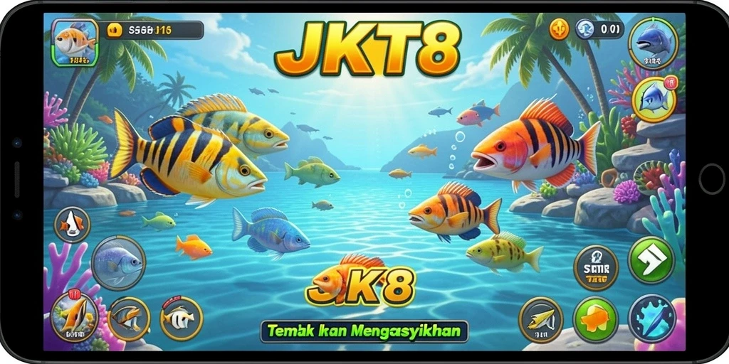 Tampilan gameplay JKT8 yang seru dan menegangkan saat menangkap ikan.