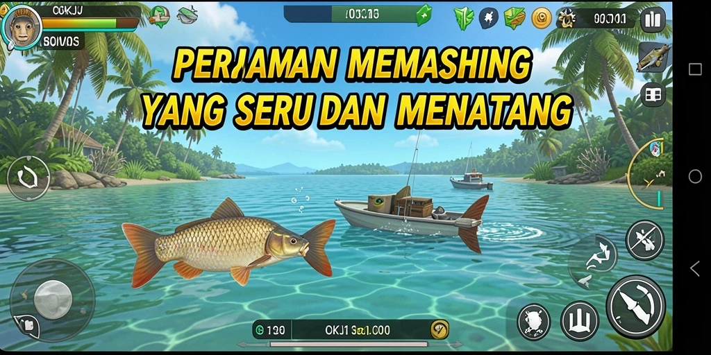 Tampilan gameplay OKJK yang menarik dengan berbagai lokasi memancing.