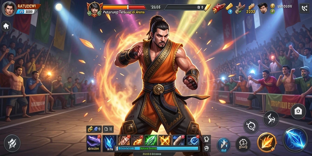 Tampilan gameplay RATUDEWI yang mendebarkan di arena pertarungan.